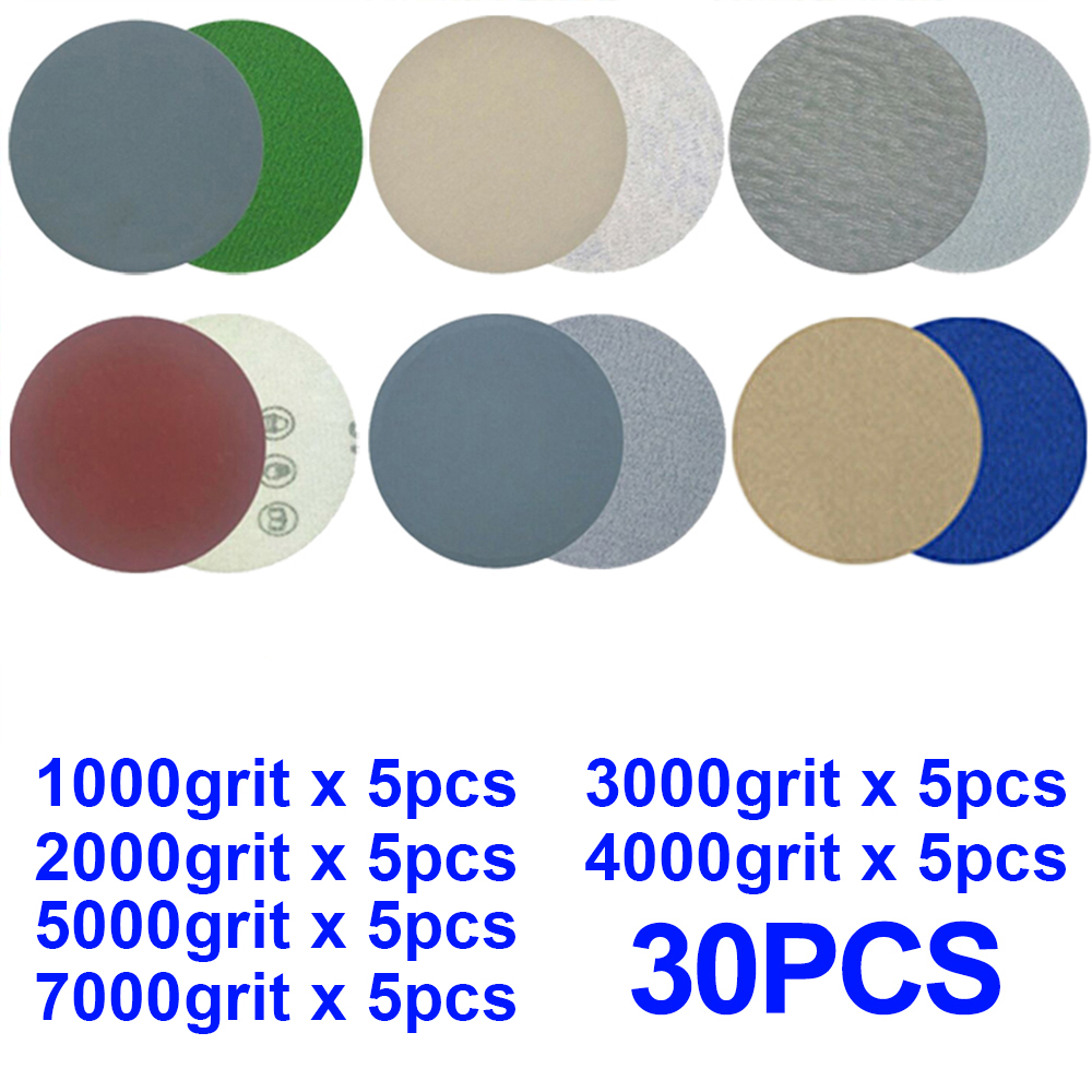 30 discos de lixa de carboneto de silício, à prova d'água, 1000/2000/3000/4000/5000/7000, lixa traseira, ferramenta de papel, areia de água