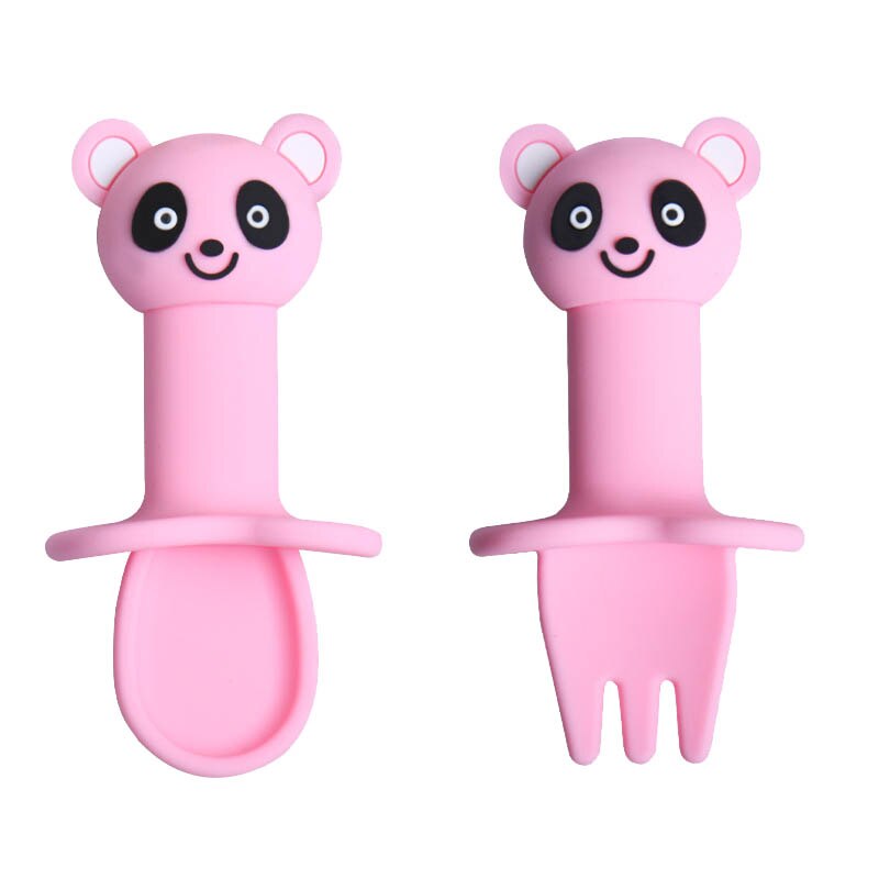 2Pcs/Set Cartoon Pattern Spoon Fork Set Detachable Safe Silicone Infant Feeding Children Tableware Utensil Heat-Resistant Spoon: Panda pink