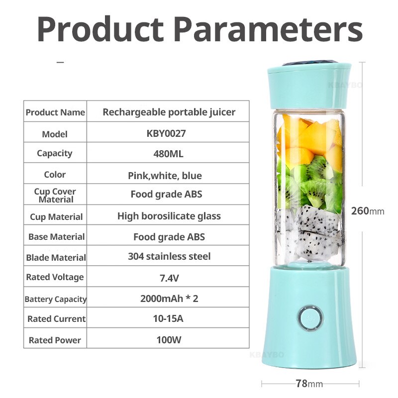480ML USB Charging Portable Juicer Machine Mixer Mini Juice Electric Smoothie Blender Smoothie Maker Blenders Machine Household