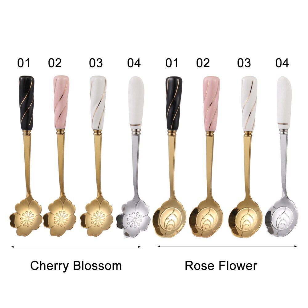 1PC Cherry Blossom Rose Flower Ceramic Handle Spoon Gold Silk Sweet Spoons Gold-plated Coffee Stirring Spoon Tableware