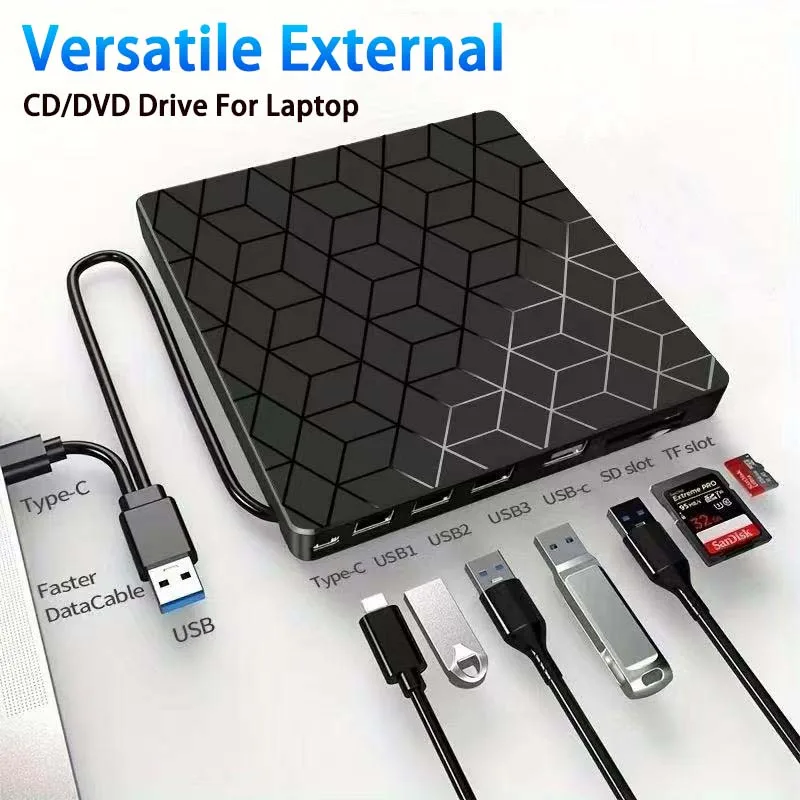7-in-1 externer DVD-Brenner USB 3.0/Typ-C CD/DVD-Laufwerk, Lesegerät, Player, optisches Laufwerk, tragbar, für PC, Laptop, Desktop, Windows, Linux
