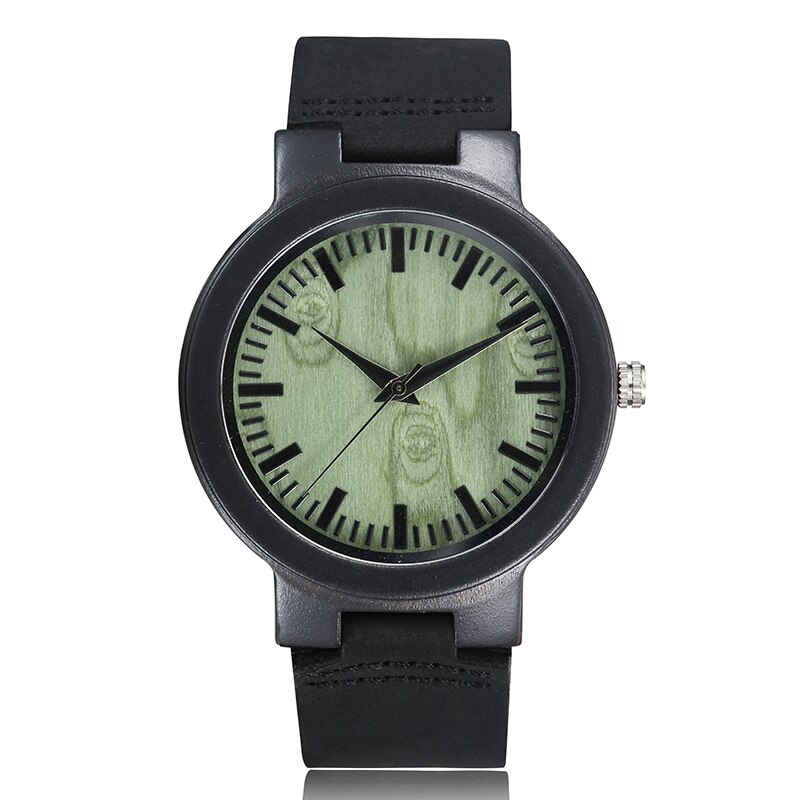 Houten horloge uniek geelgroene wijzerplaat polshorloge kwarts leren houten horloge heren dames romeinse cijfers casual klok: W025