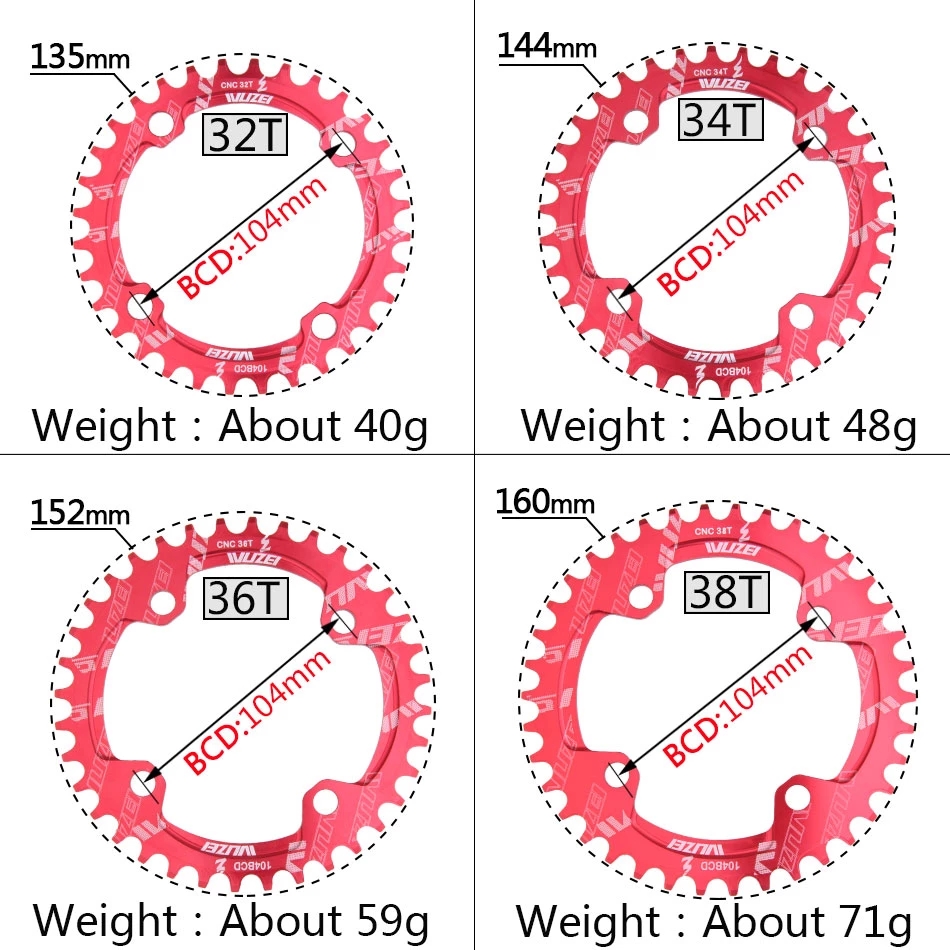 Wuzei 104 bcd crown mtb monoplates kettingblad mountainbike kettingblad 36 34 32 38 40 42 30 tanden fiets smal breed tandwiel