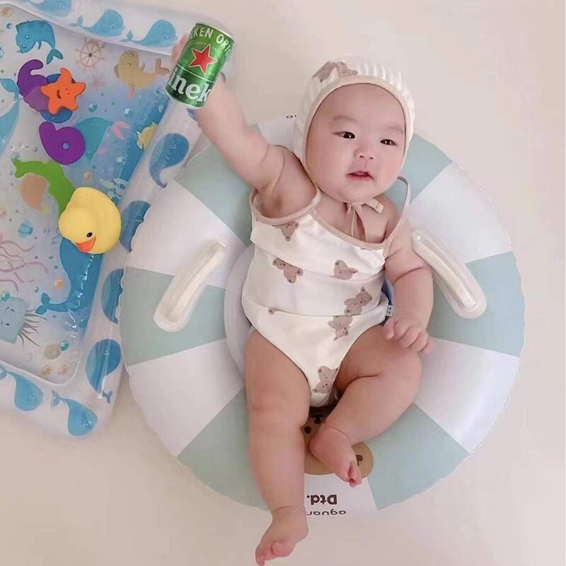 Inflatable Baby Swimming Ring Cute Bear Float Seat Circle Double Handle Swim Pool for Infant Toddlers Bath Water Fun Toys