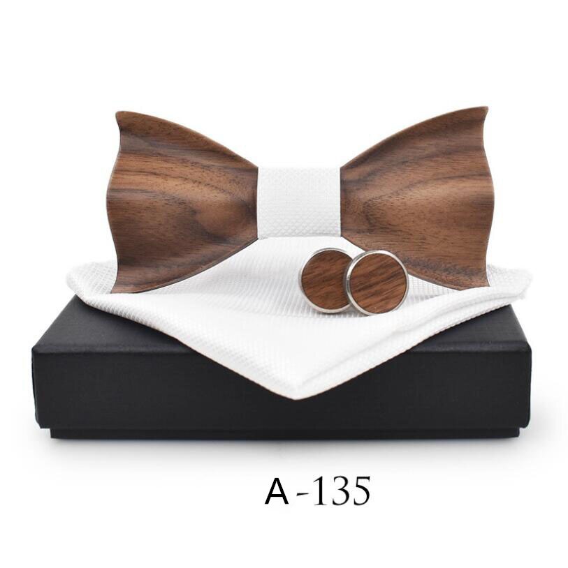 RBOCOTT pajarita de madera hecha a mano juego de gemelos y pañuelo pajarita 3D para hombres bolsillo de madera cuadrado con caja de para la boda de los hombres: A135