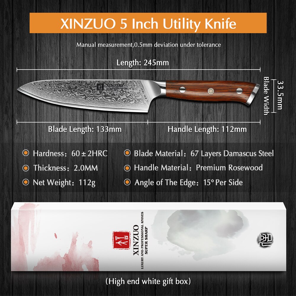 Xinzuo 5 inch universeel mes, japans damascusstaal, keukenmes, koksmessen, schilmessen, handvat van palissanderhout