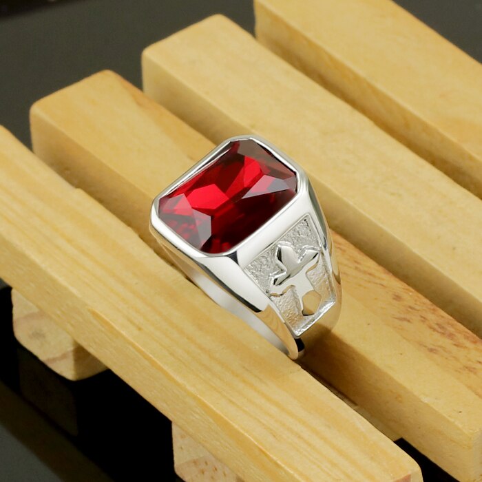 925 silver European and American men's domineering cross ring will never fade: 10 / red