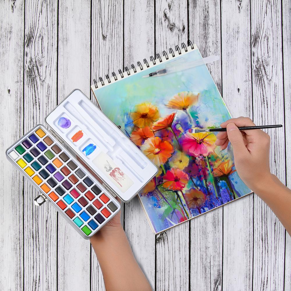 50/90 Colors Solid Watercolor Paint Set Contains Brushes in a Portable Metal Box for Beginner Drawing Painting Art Supplies