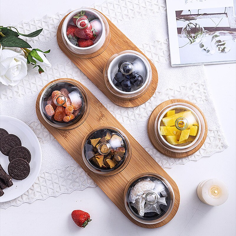 Bandeja de cerámica para almacenamiento de postres bandeja de almacenamiento de aperitivos y frutas, recipiente para helado con tapa de cristal y bandeja de bambú, juego de cubiertos de cocina