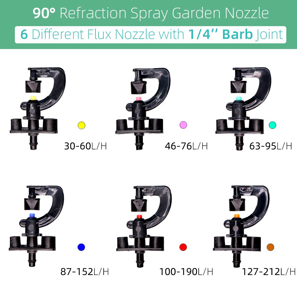100PCS 90 Degrees Sprinklers Garden Watering Irrigation Nozzle with 1/4&#39;&#39; Barb 6 Types Different Flux G Refraction Spray Heads