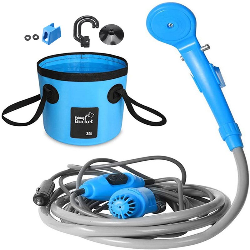 Tragbare Camping Dusche Heißer Wasser Bausatz draussen Dusche Wasser Tasche 12V Elektrische Für Wandern Reise Auto Waschen, pflanzen Haustier Bewässerung: Blau einstellen