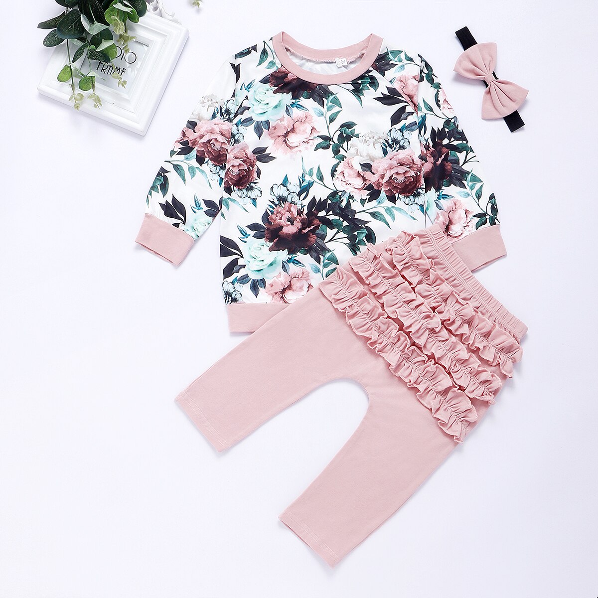 Cotton Newborn Baby Girl Clothes Infant Baby Girls Winter Clothe Outfits Flower Tops+Ruffle Pants Headband 3Pcs Clothing Set