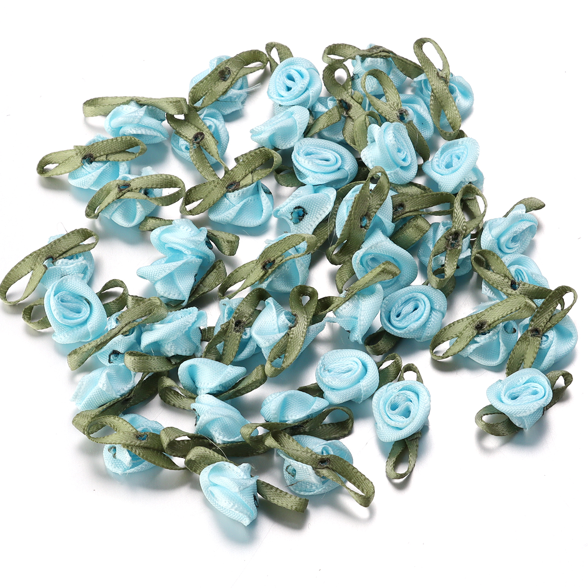 Cinta de satén para manualidades, 50 piezas, brotes de rosas de 1,5x2,5 cm, flores con hojas verdes para álbumes de recortes, sombreros, prendas de vestir, suministros de decoración de boda: Transparente