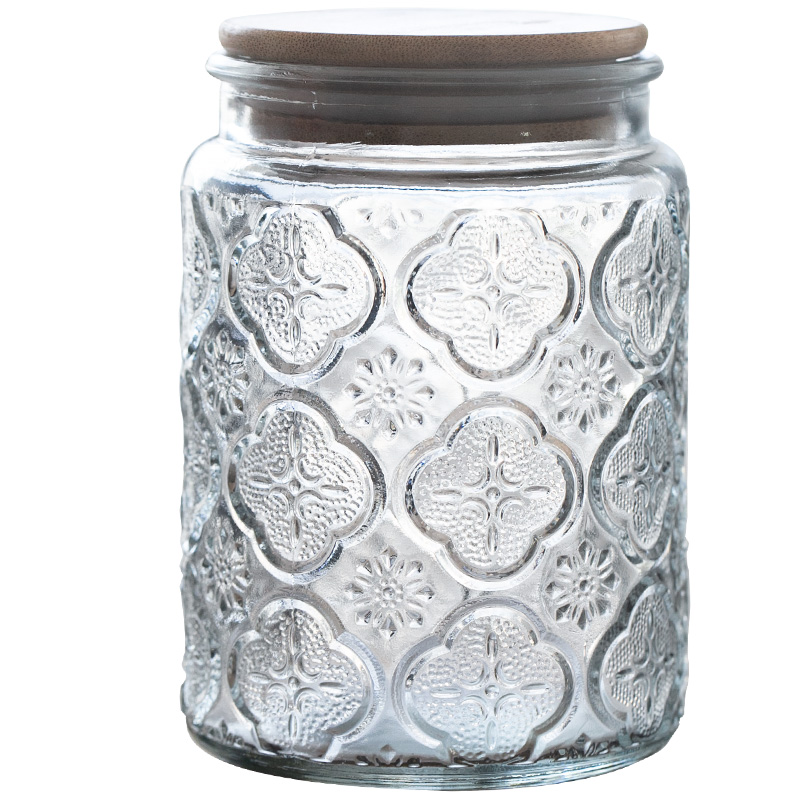 Relief Glass Storage Jar Carved Flower with Wooden Lid Sugar Crystal Jars Seal Tea Caddy Grain Dispenser Kitchen Supplies