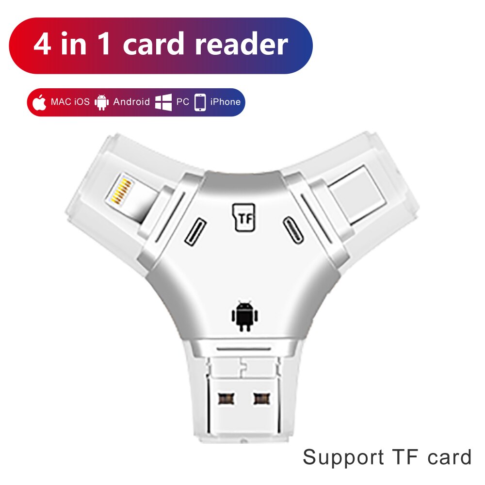 Micro sd tf-kaartlezer, flash-geheugenkaartadapter voor apple iphone, ipad, android-telefoon, macbook, computer 1 4 in -c-lezers: Wit