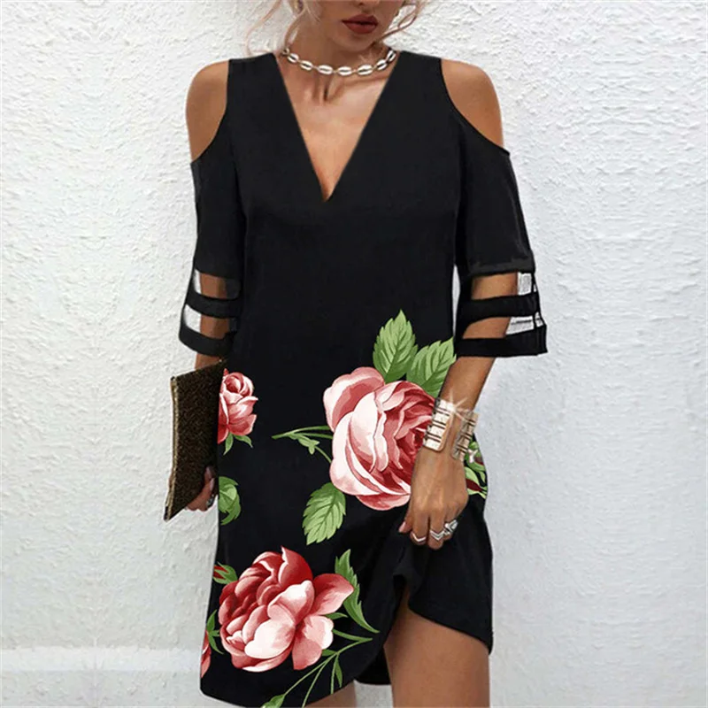 Frauen Weg Von Der Schulter Kleider Mesh Spleißen Halbe Hülse V-ausschnitt Pullover Kleid Eleganten Druck Weibliche Büro Pendler Kleid: XXXL / Blau