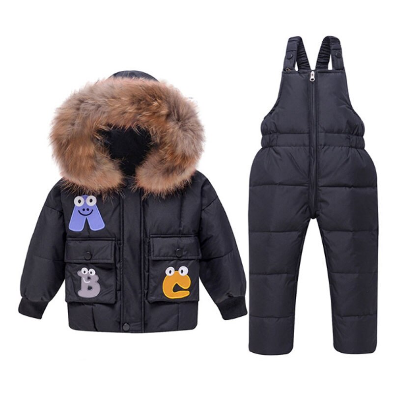 Down Jacket Overall For Boys Winter Girls Parka Coat Children -Clothing-Sets Kids Snow-Wear Hooded Cartoon Jumpsuit Outerwear: Black / 3T