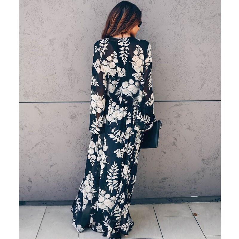 Bikini cover-ups boho printet lang kimono cardigan plus size hvid sort chiffon tunika dame strand wear badedragt cover up  a225