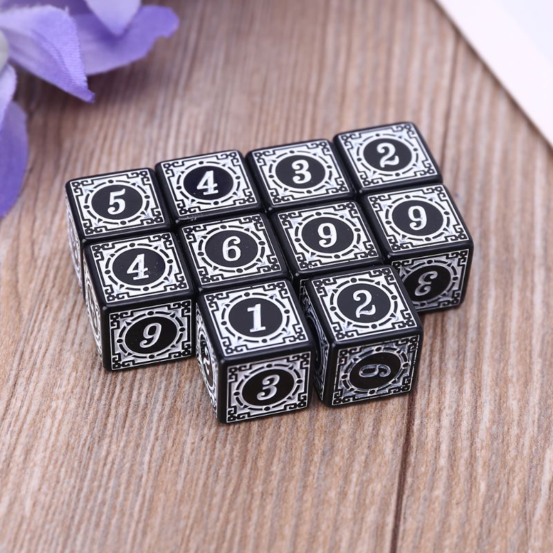 Lot de 10 dés polyédriques D6, nombres carrés à bords, 6 faces, perles, planche de Table, 448D