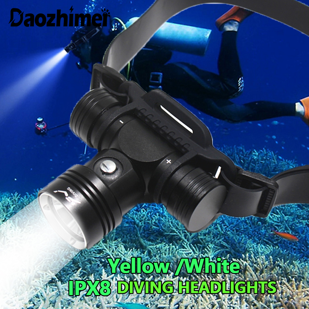 Faro de buceo IPX8 L2 faro impermeable de buceo 100 metros linterna subacuática luz amarilla/blanca luz LED para cabeza