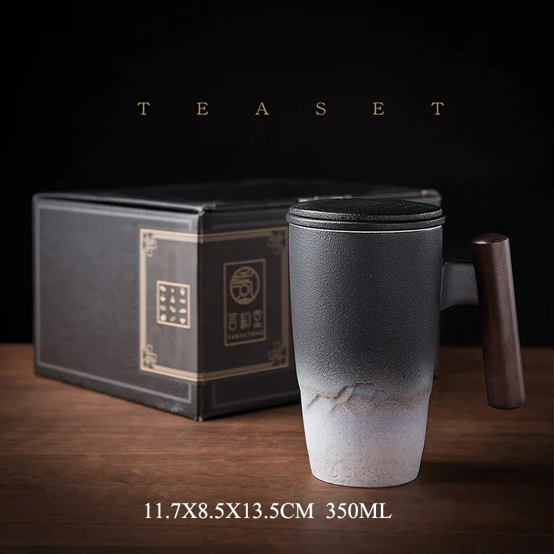 Keramisk retro kaffekopp kontor vannkopp filter tekopp med deksel kopper og krus trehåndtak caneca bursdagsboks  cm061: N