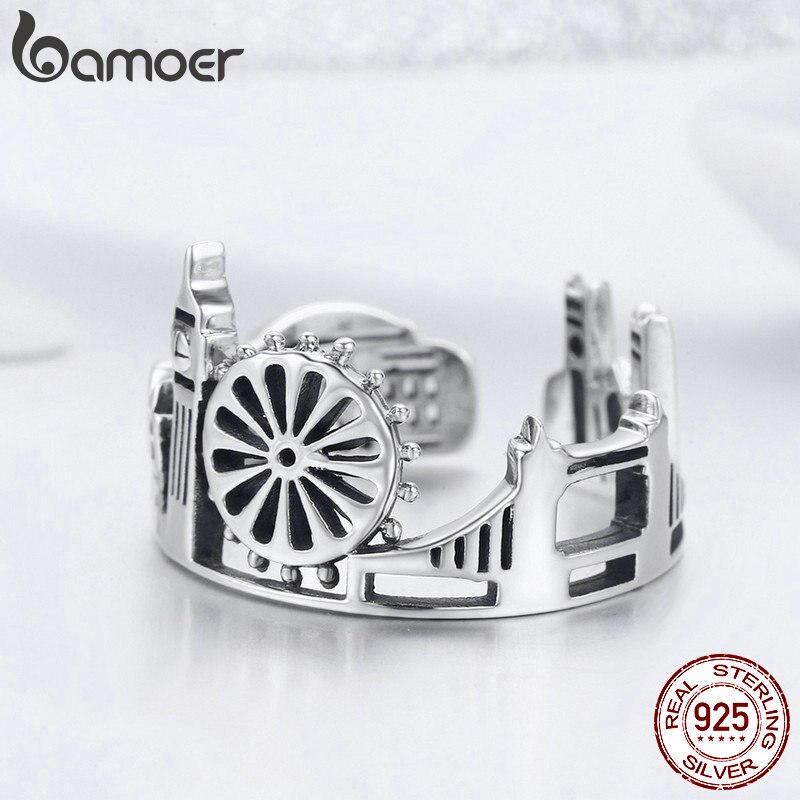 BAMOER 925 Sterling Silver London City Finger Ring British Building Rings for Women Cocktail Wedding Jewelry SCR474