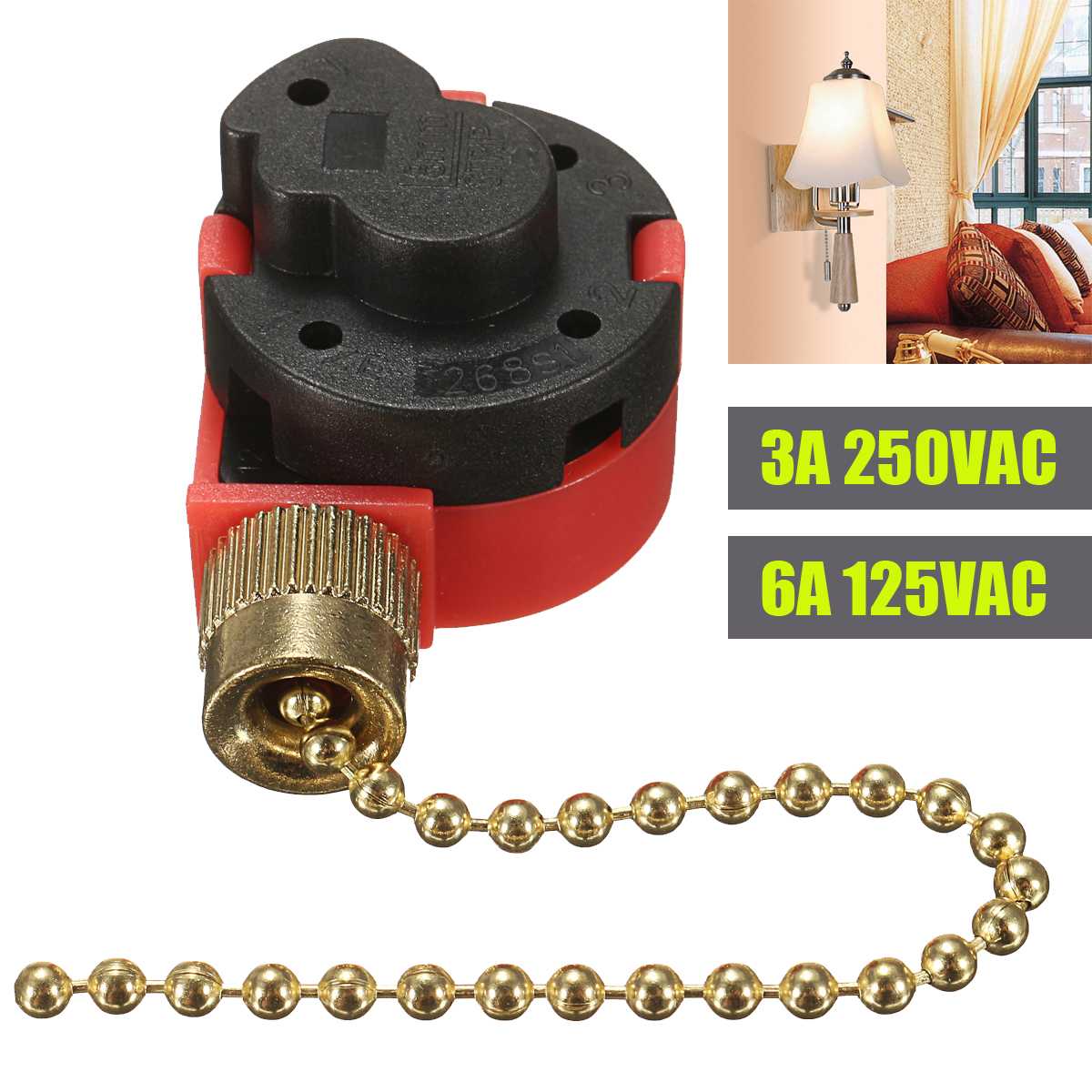 10cm interruptor de cremallera rojo 3 velocidad de tracción de Control de cadena de níquel interruptor del ventilador con la cadena de latón antiguo