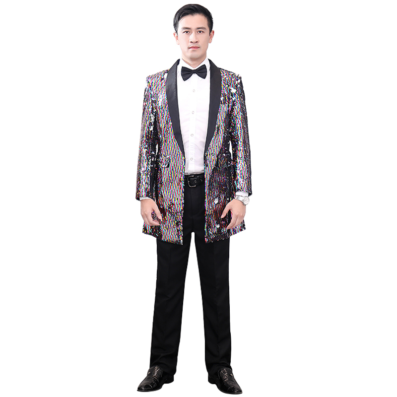 Men's Casual Jacket Trendy Long Colorful Sequins Color-changing Buttonless Shawl Collar Windbreaker Club Party Clothing