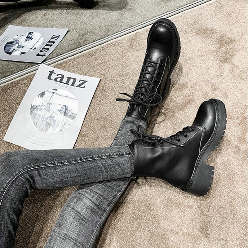 Europese stijl zwarte enkellaarsjes flats ronde neus zwarte laarzen met rits aan de achterkant dames platform pu leren schoenen botas de mu