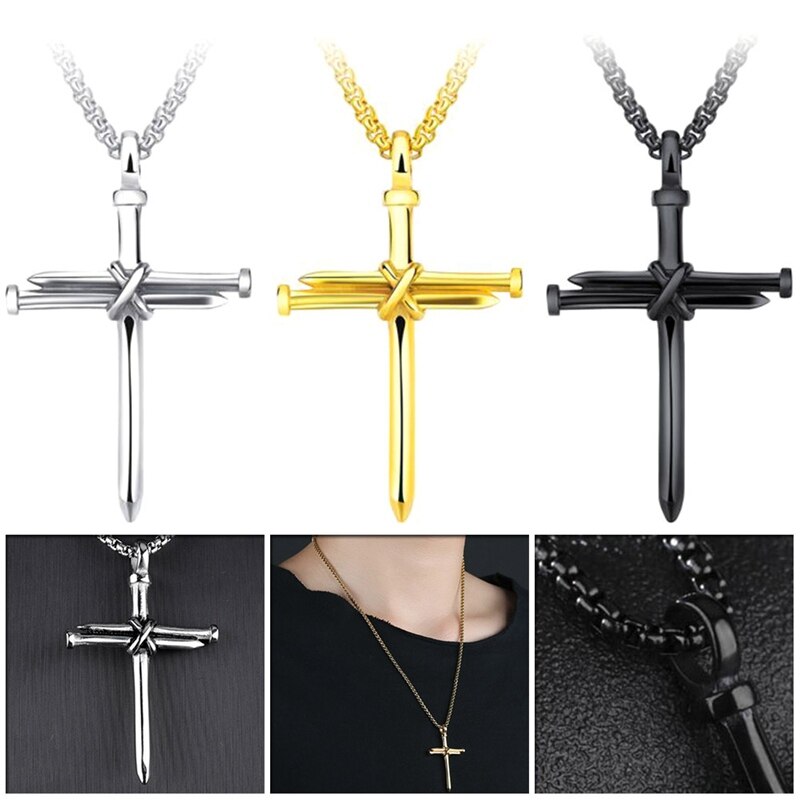 Männer Schmuck Edelstahl Nagel Seil Kreuz Anhänger Halskette