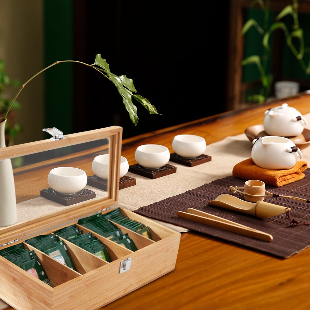 5 Compartments Bamboo System Tea Bag Storage Box Jewelry Organizer Tea Box Organizer Wood Sugar Packet Container