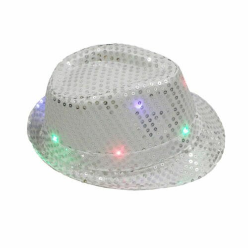 Men Women Glitter Sequin Flashing Light Up LED Fedora Trilby Cap Dance Jazz Hat Gangster Party Costume