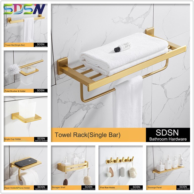 Barhroom Hardware Sets SDSN Brushed Gold Bathroom Hardware Set Space Aluminum Toilet Brusher Holder Bathroom Towel Rack Hook