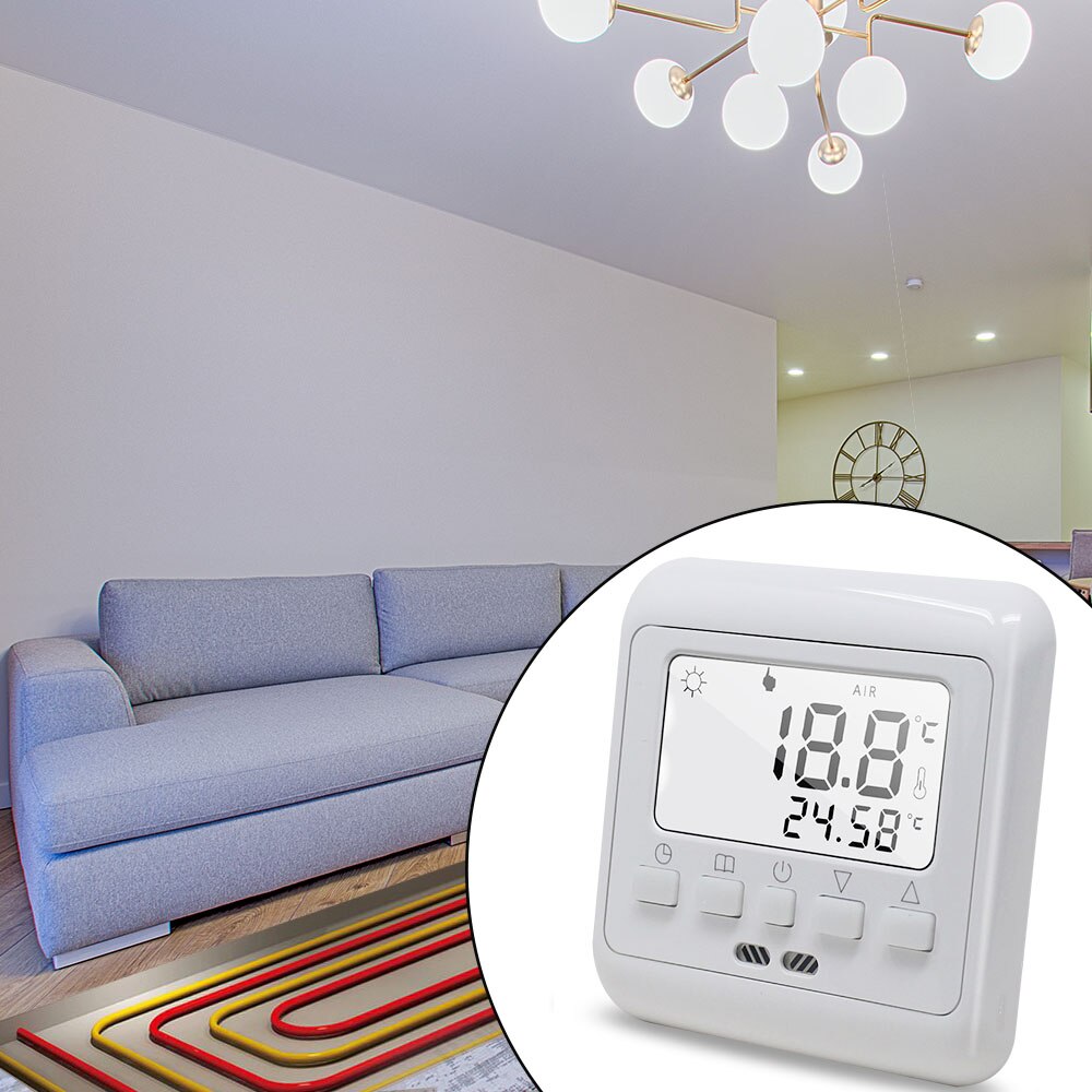 Termostato de pared con pantalla LCD para calefacción de suelo, controlador de temperatura, programación semanal, termostato antiinterferencias, retroiluminación blanca