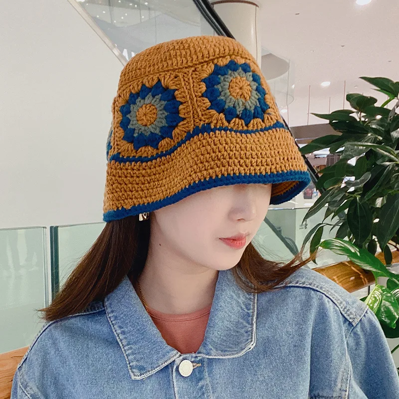 INS Korea Handmade Crochet Bucket Hats for Women Y2k Vintage Summer Beach Hat Flower Hollow Knitted Bob Sombreros Bonnet Caps