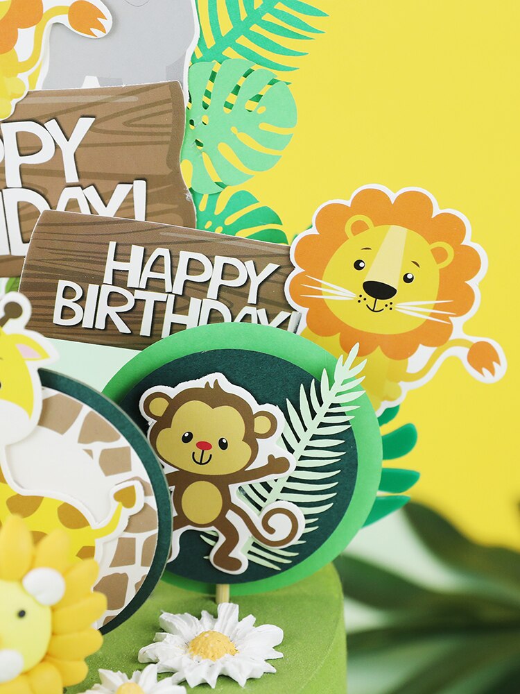 Jungle Animals Cactus Cake Toppers Happy Birthday Decorations For Children's Day Boy Girl Party Baking Sweet LoveGifts Supplies