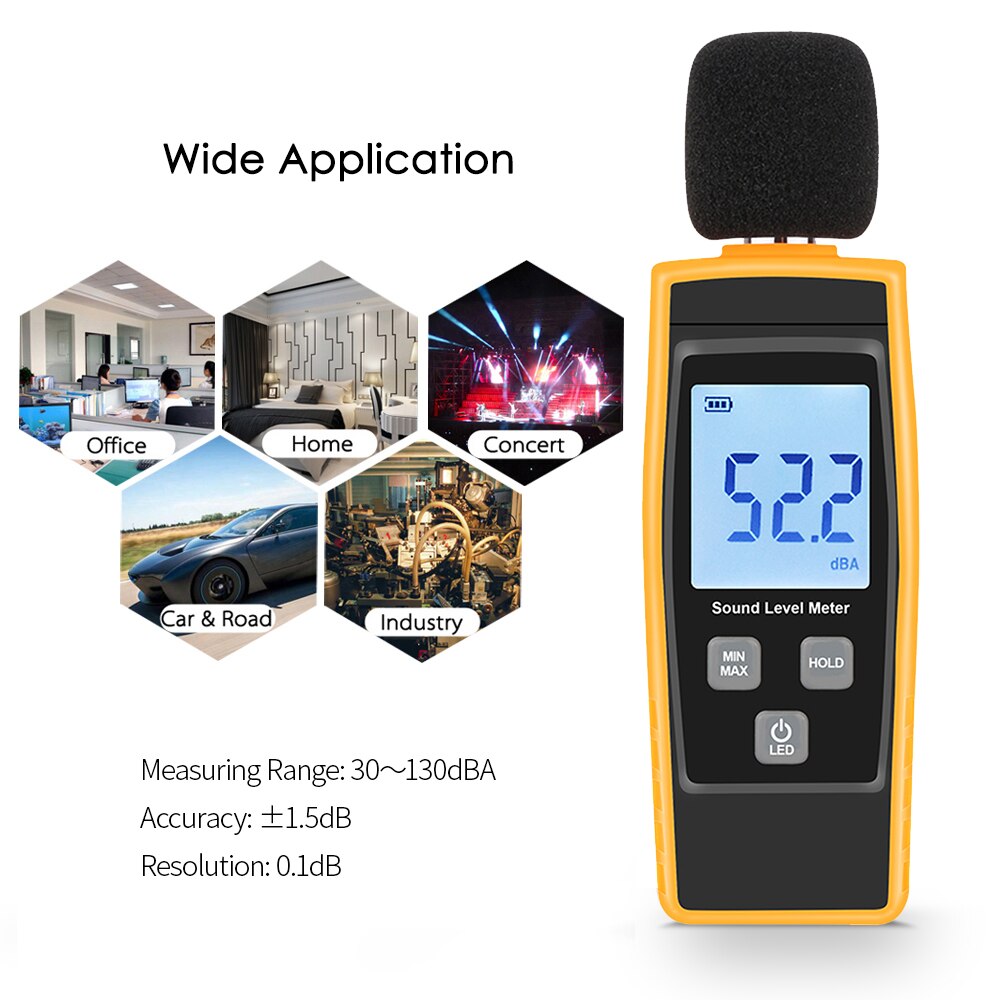 LCD Digital Sound Level Meter DB Meters 30-130dBA Noise Volume Measuring Decibel Monitoring Tester with Max/Min/Data Hold Mode