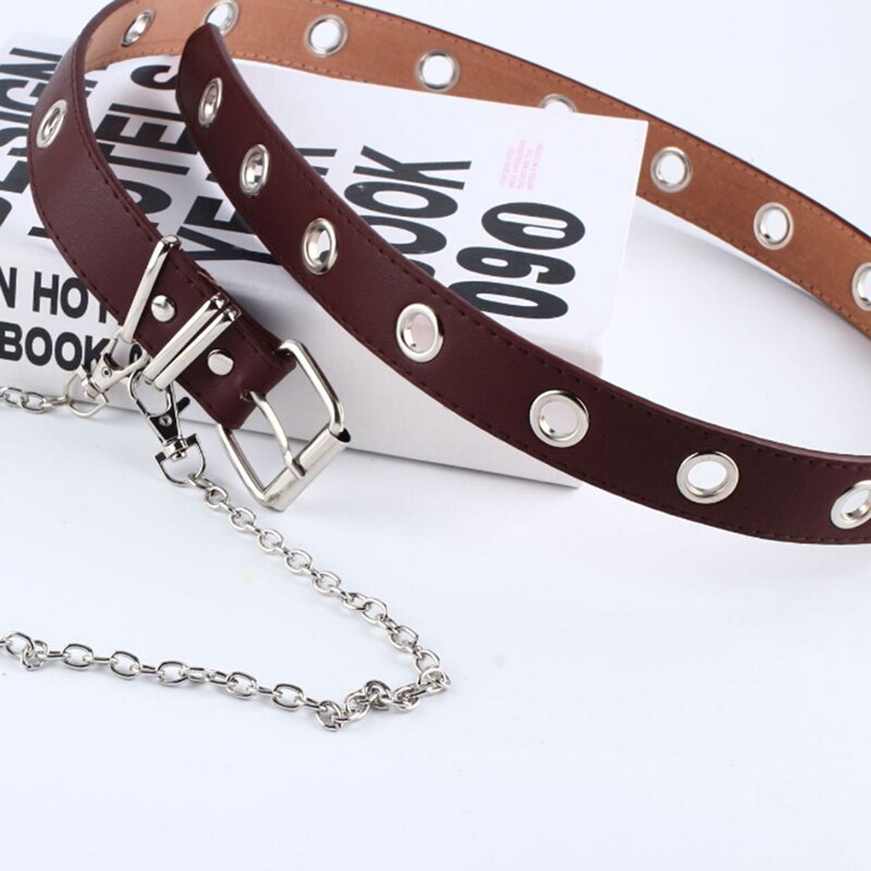 1 pcs Women Punk Chain Belt Adjustable Black Double/Single Eyelet Grommet Leather Buckle Belt