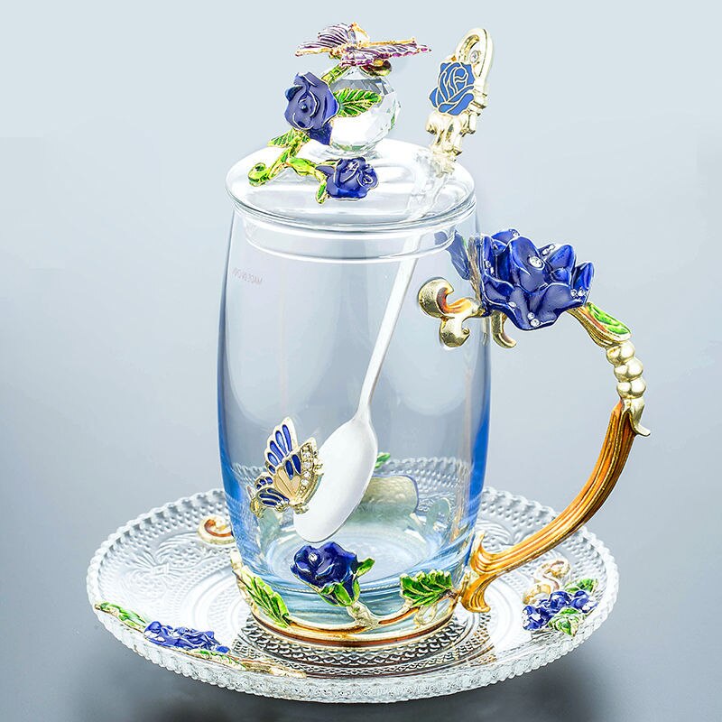 Enamel Water Cup Glass Cup Household Set Flower Tea Crystal Coffee Mug Beer Mug with Handle Wedding Tableware: O