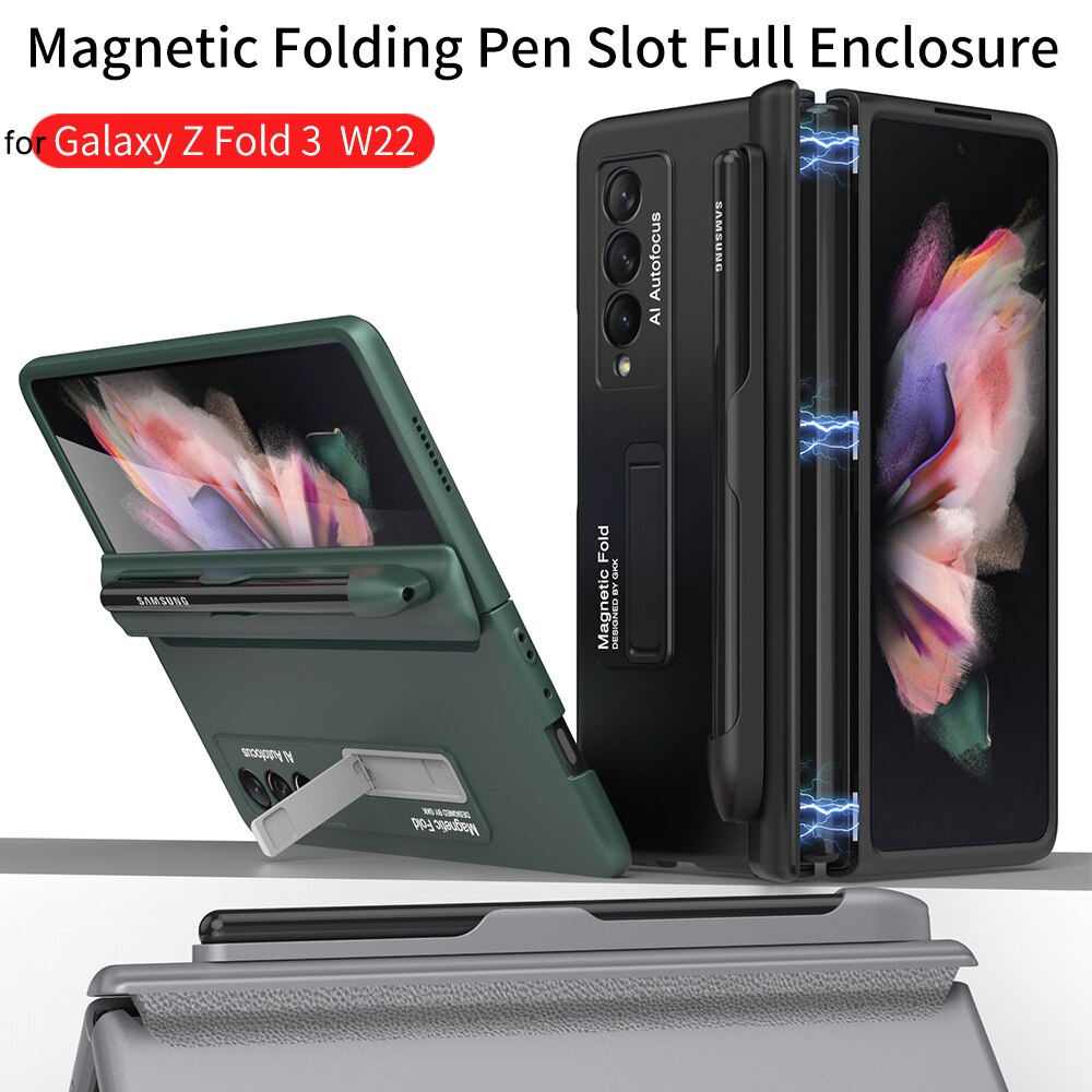 Magnetische Kickstand Pen Slot Telefoon Case Voor Samsung Galaxy Z Fold3 Vouw 3 5G Magnetische Fold Scharnier Case Armor shockproof Hard Cover