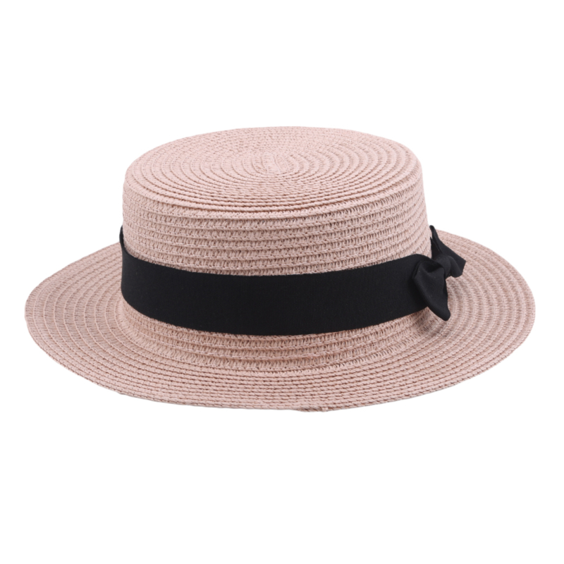 Summer women's Straw Hat Travel Shade Leisure Beach Hat Vacation Flat Eaves Bowknot Shade Sun Hat: Pink