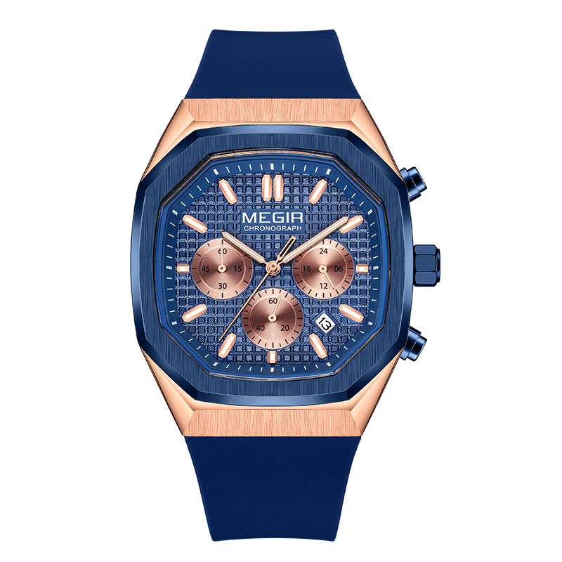 Megir heren waterdicht horloge met achthoekige wijzerplaat, chronograaf, quartz polshorloge met olijfgroene siliconen band, datumweergave en lichtgevende wijzers 2215: Grijs