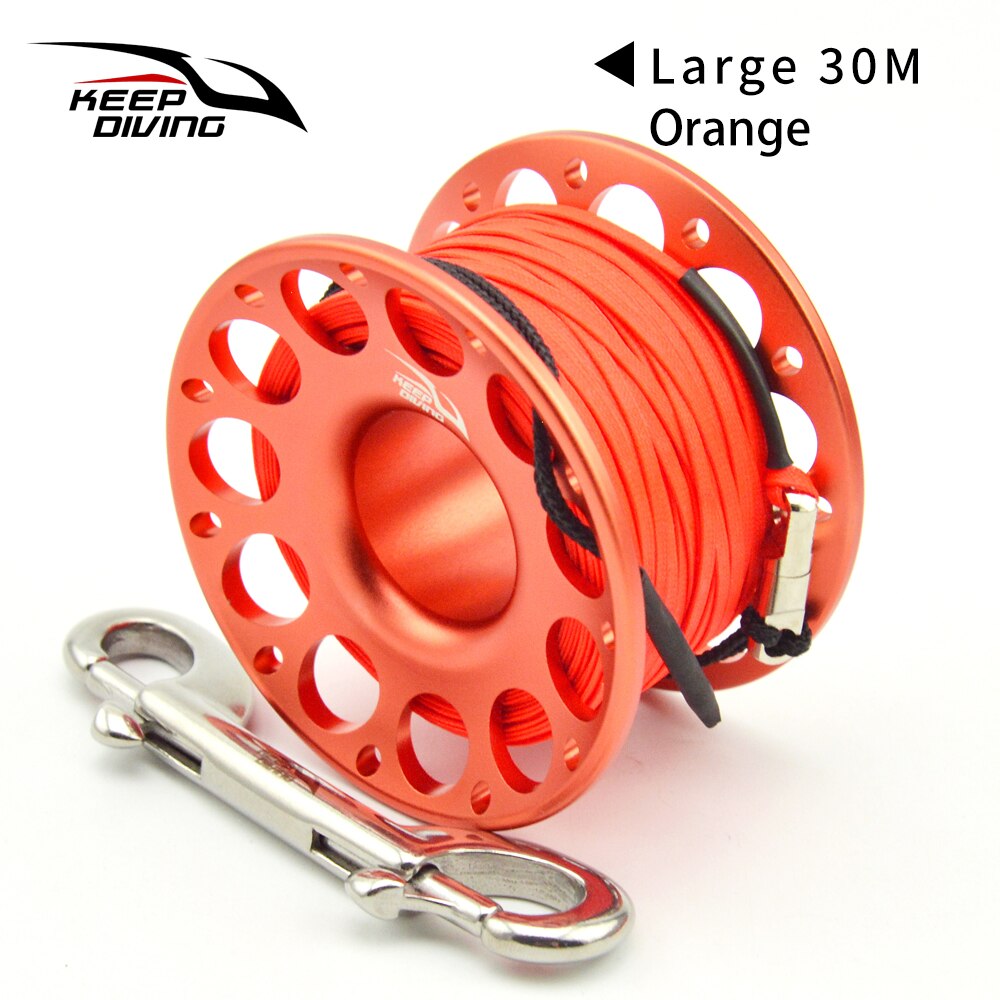 15M/30M Scuba Diving Aluminum Alloy Spool Finger Reel with Stainless Steel double ended hook SMB Equipment Cave Dive Accessories: Orange 30M