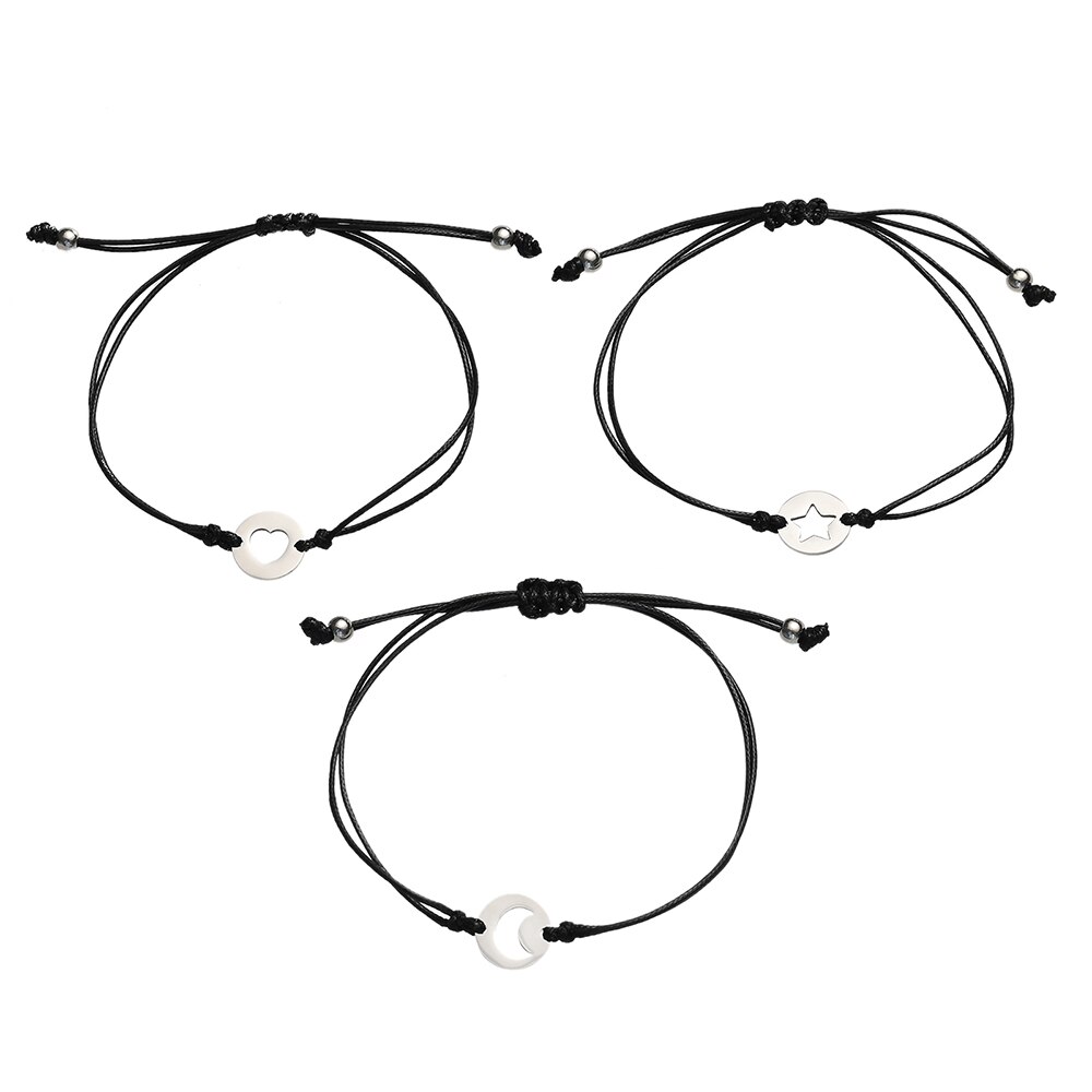 3er -set freundschaftsarmbänder aus edelstahl mit stern, mond und herz, inklusive karte (beste freundin, brautjungfer)