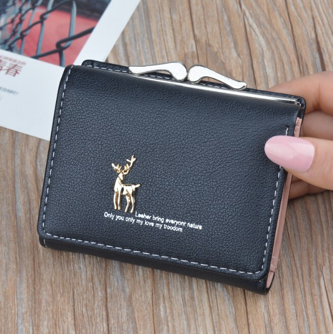 Cartoon Leather Women Purse Pocket Ladies Clutch Wallet Women Short Card Holder Cute Girls Deer Wallet Cartera Mujer: Black