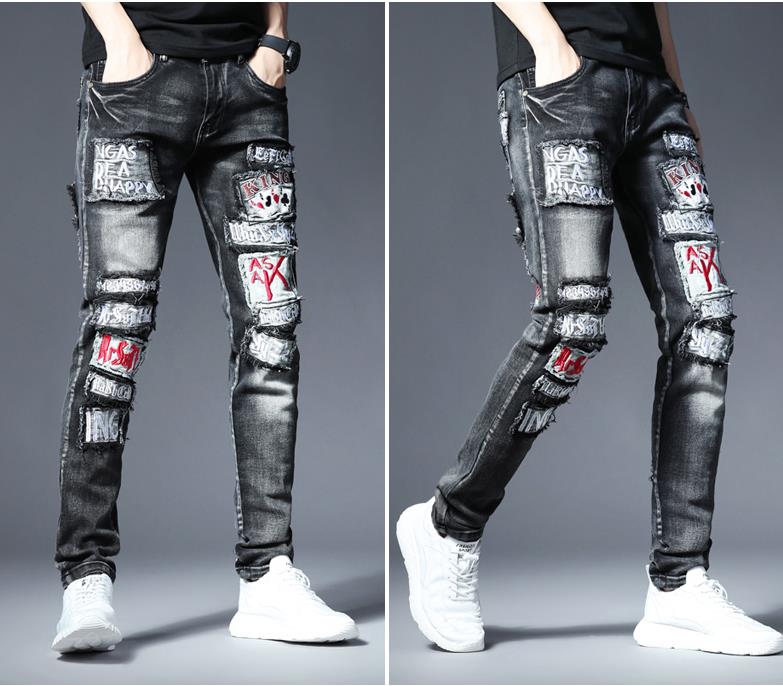 Pantalones vaqueros rasgados y ajustados a la para hombre, pantalones vaqueros elásticos deshilachados, pantalones vaqueros con parches bordados Retro, vaqueros de Hip Hop Rock