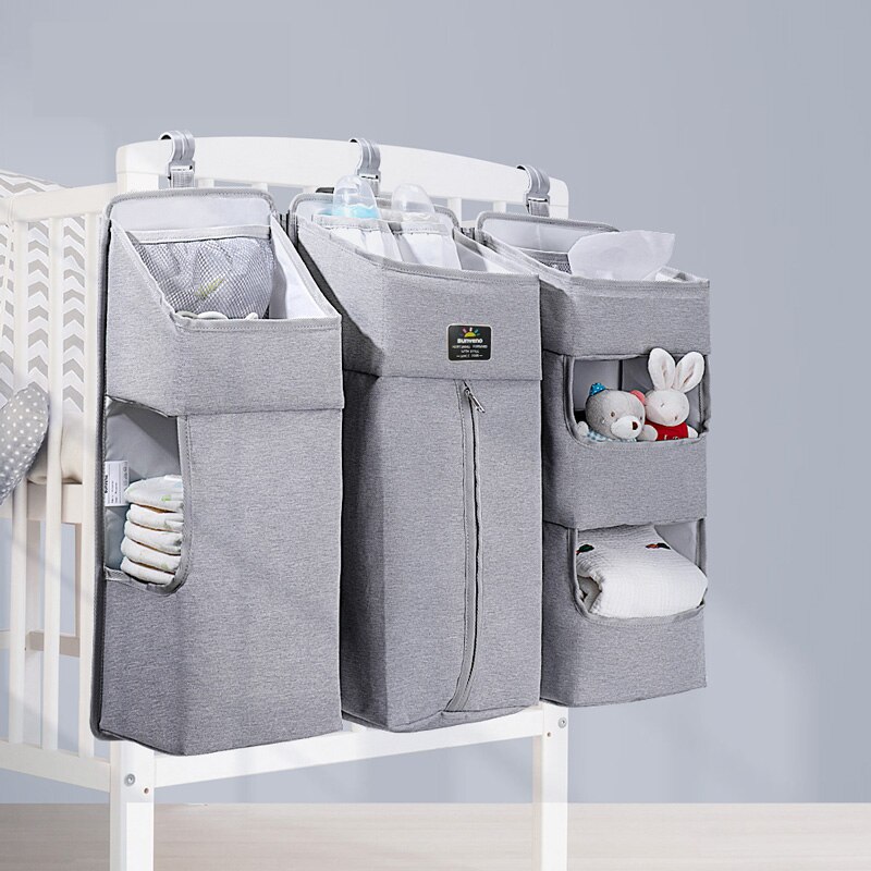 Sunveno Crib Organizer for Baby Crib Hanging Storage Bag Baby Clothing Caddy Organizer for Essentials Bedding Diaper Nappy Bag: Grey L