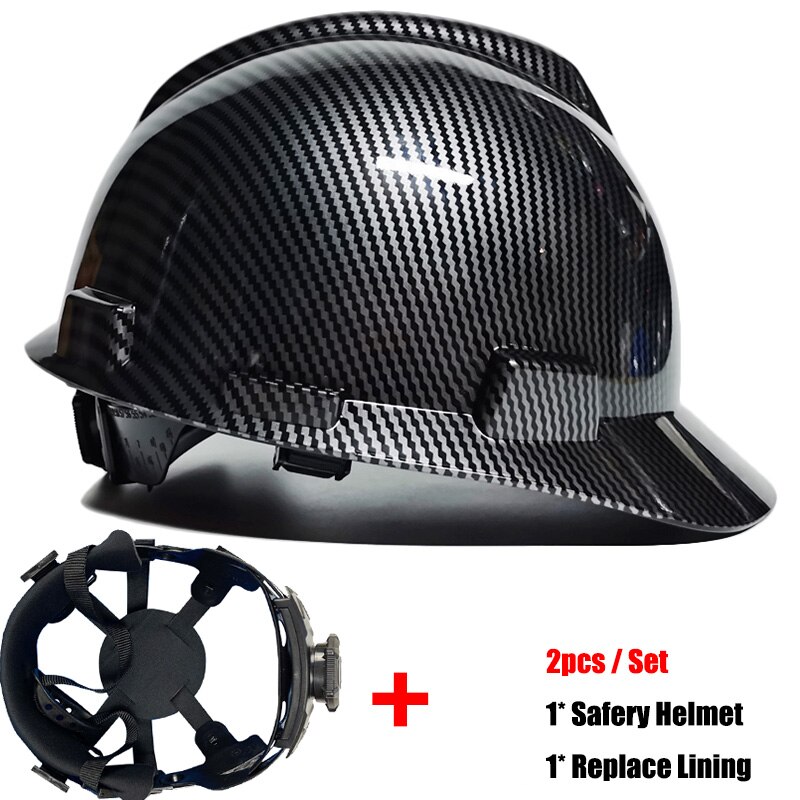 2pcs/set CE ABS Safety Helmet Carbon Fiber Construction V Gard Hard Hat with Lining Protective Helmets Work Cap Headwear: Bright Black A