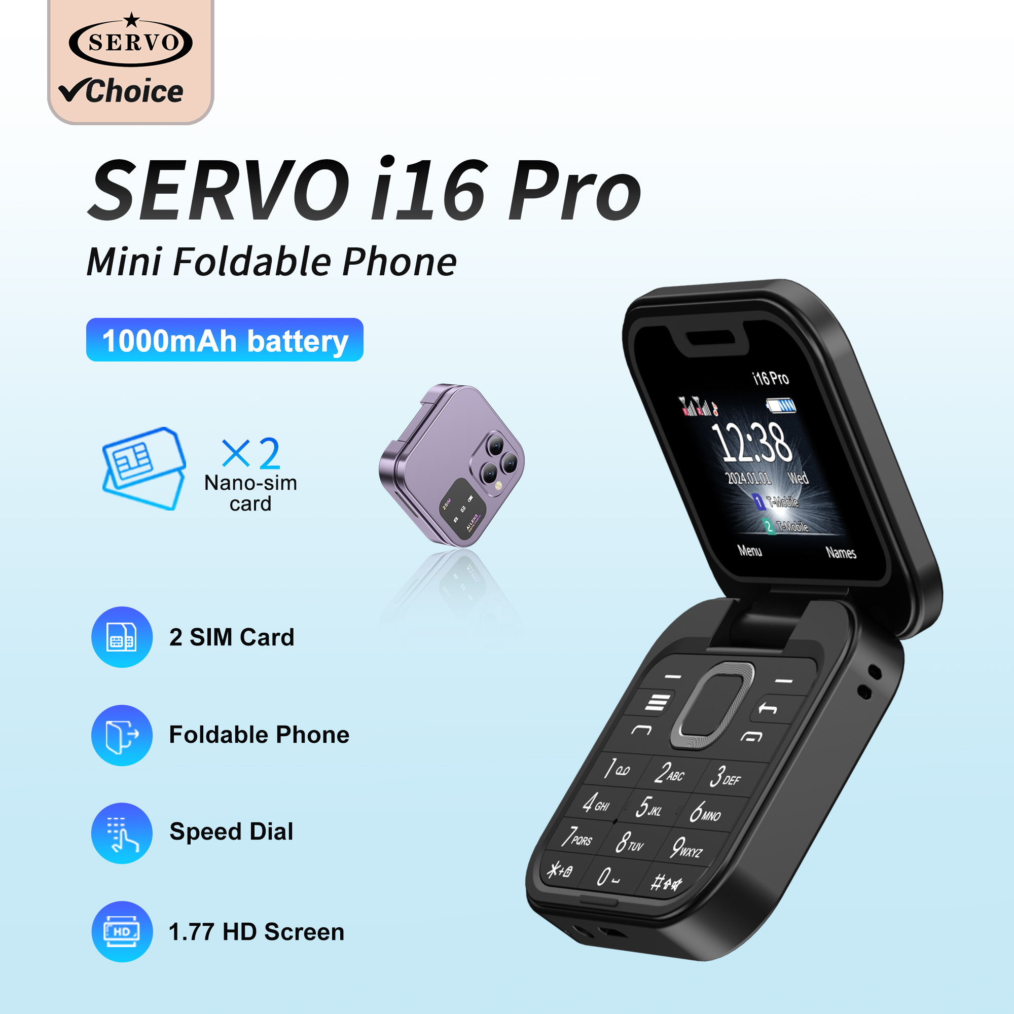 MTK 2025 Mini-opvouwbare mobiele telefoon met 1,77-inch display 1000 mAh 2 SIM FM-radio Zaklamp Magische stem Blacklist Senior Flip-mobiel