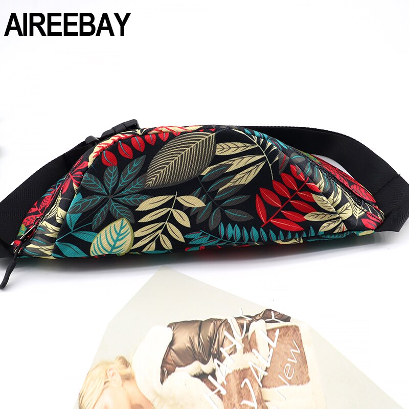 AIREEBAY Printed Leaf Women Waist bags Large Capacity Canvas Fanny Pack with Zipper Female Casual Travel Banana bags